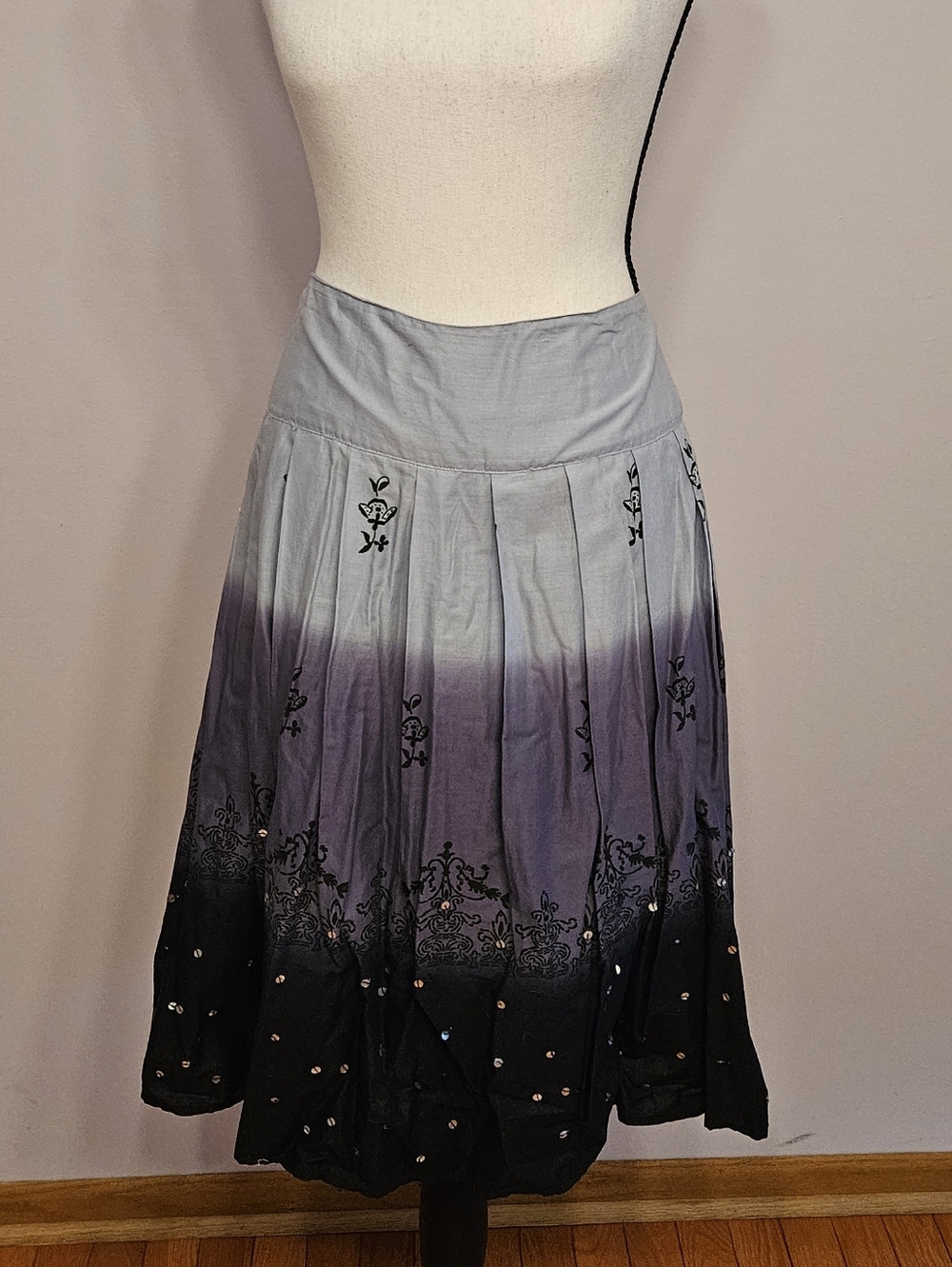 Boho Fairy Goth Grey-to-Black Ombre Embroidered & Sequined Midi Skirt